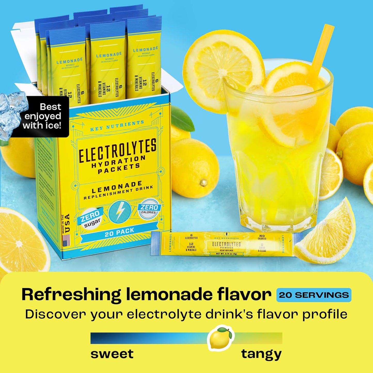 20 Pack Electrolyte Powder Packets in Refreshing Lemonade Flavor - Travel-Friendly Hydration Powder with Key Nutrients - Sugar-Free, Calorie-Free, Gluten-Free - Made in USA