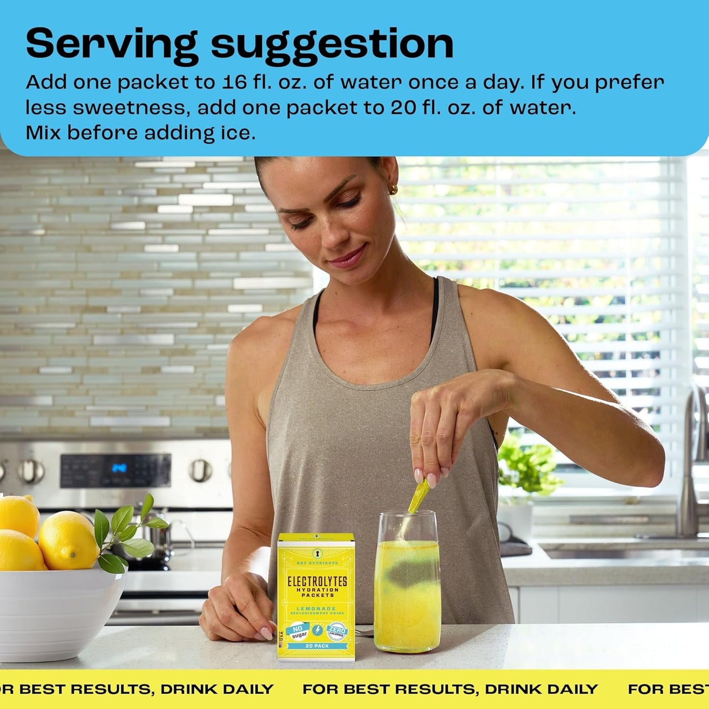 20 Pack Electrolyte Powder Packets in Refreshing Lemonade Flavor - Travel-Friendly Hydration Powder with Key Nutrients - Sugar-Free, Calorie-Free, Gluten-Free - Made in USA
