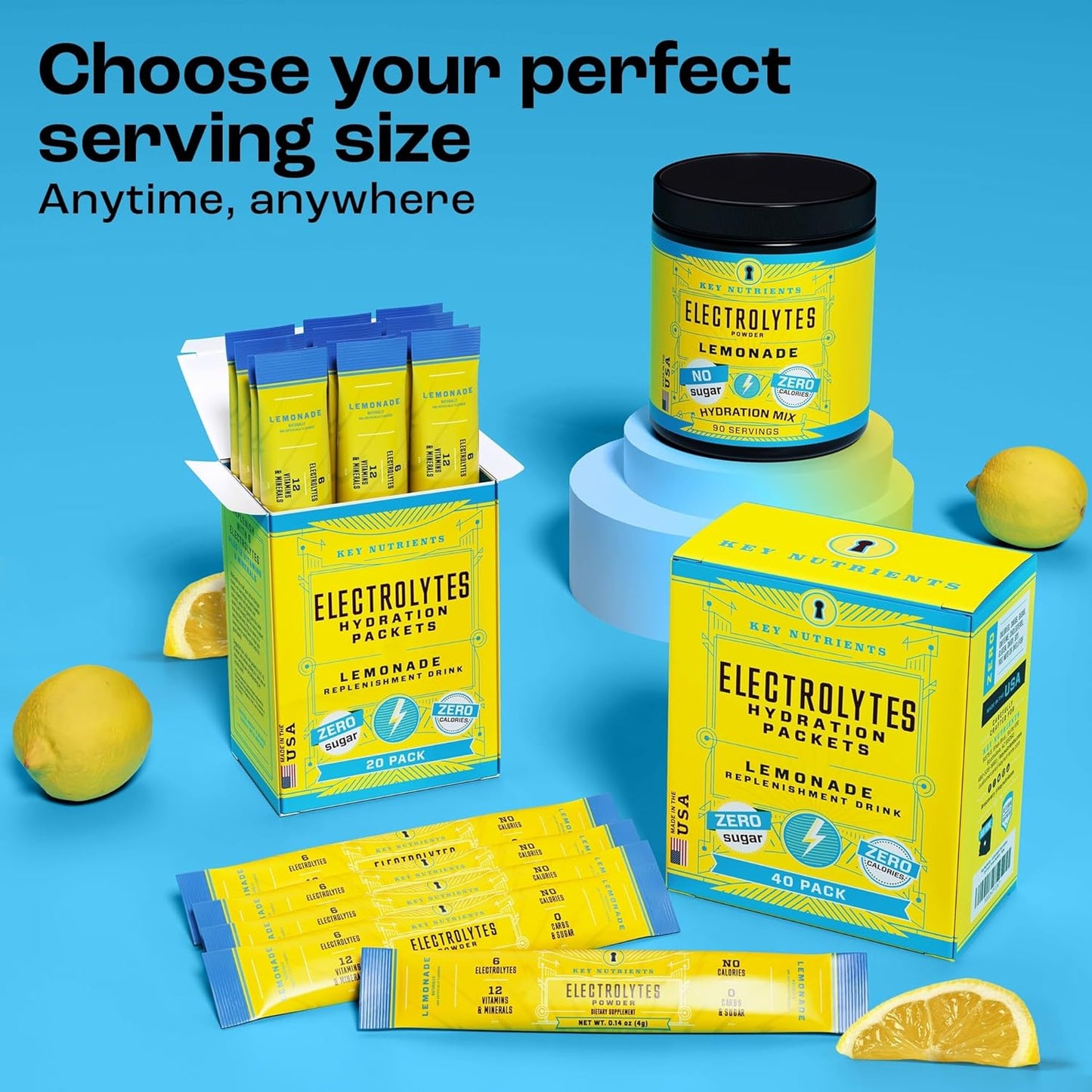 20 Pack Electrolyte Powder Packets in Refreshing Lemonade Flavor - Travel-Friendly Hydration Powder with Key Nutrients - Sugar-Free, Calorie-Free, Gluten-Free - Made in USA