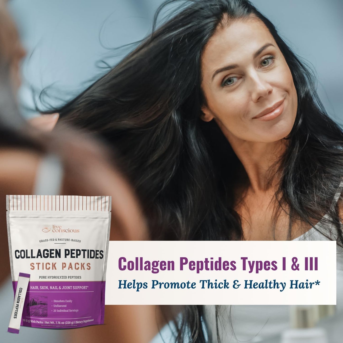20 Packets of Live Conscious Unflavored Collagen Peptides Powder for Hair, Skin, Nails, and Joints - Grass-Fed Type I & III Hydrolyzed Collagen Supplements
