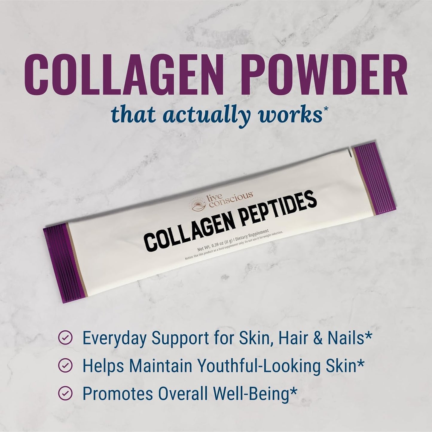 20 Packets of Live Conscious Unflavored Collagen Peptides Powder for Hair, Skin, Nails, and Joints - Grass-Fed Type I & III Hydrolyzed Collagen Supplements