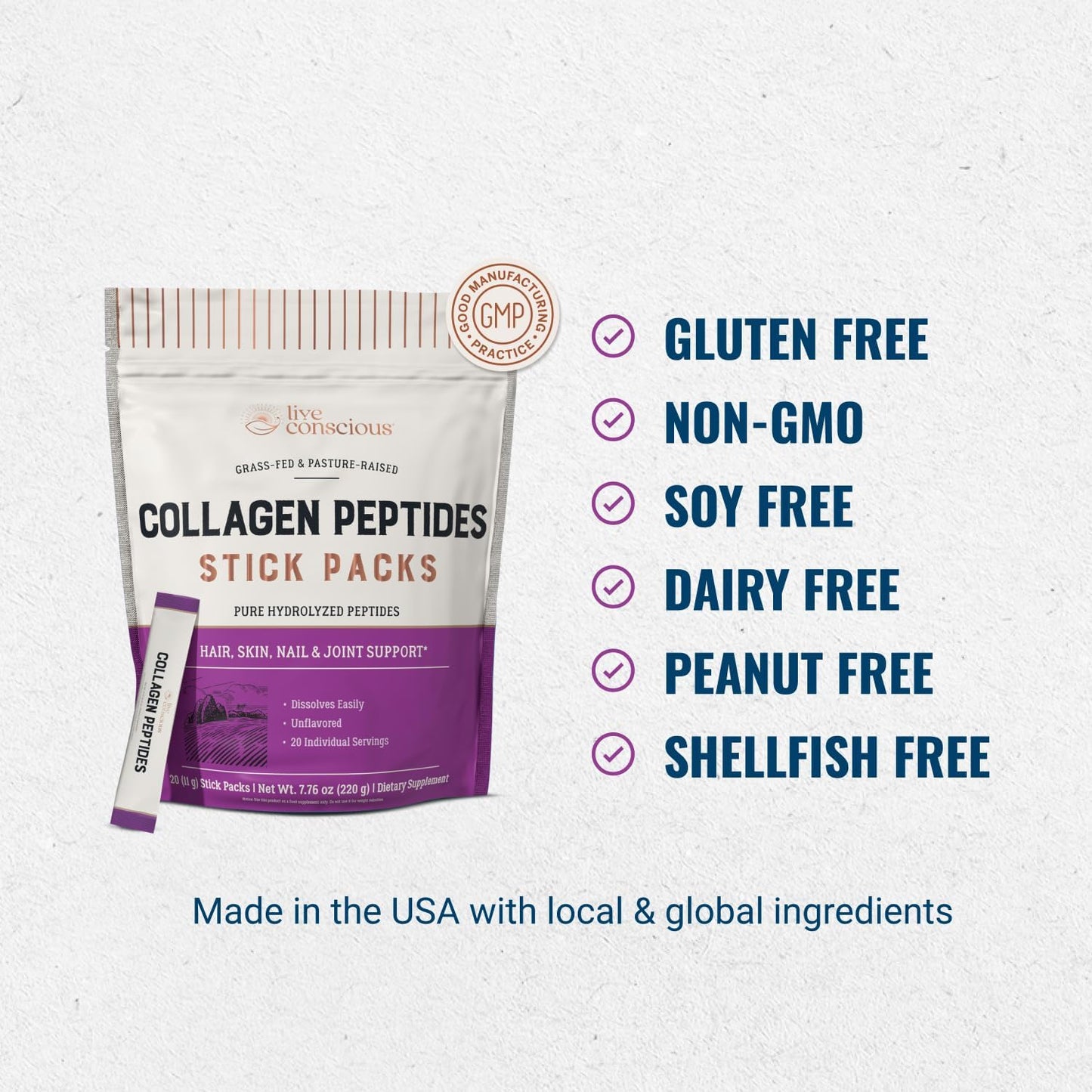 20 Packets of Live Conscious Unflavored Collagen Peptides Powder for Hair, Skin, Nails, and Joints - Grass-Fed Type I & III Hydrolyzed Collagen Supplements