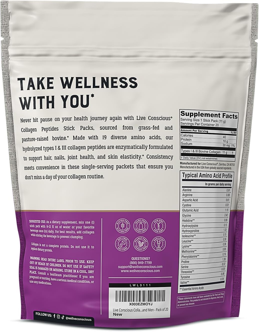 20 Packets of Live Conscious Unflavored Collagen Peptides Powder for Hair, Skin, Nails, and Joints - Grass-Fed Type I & III Hydrolyzed Collagen Supplements