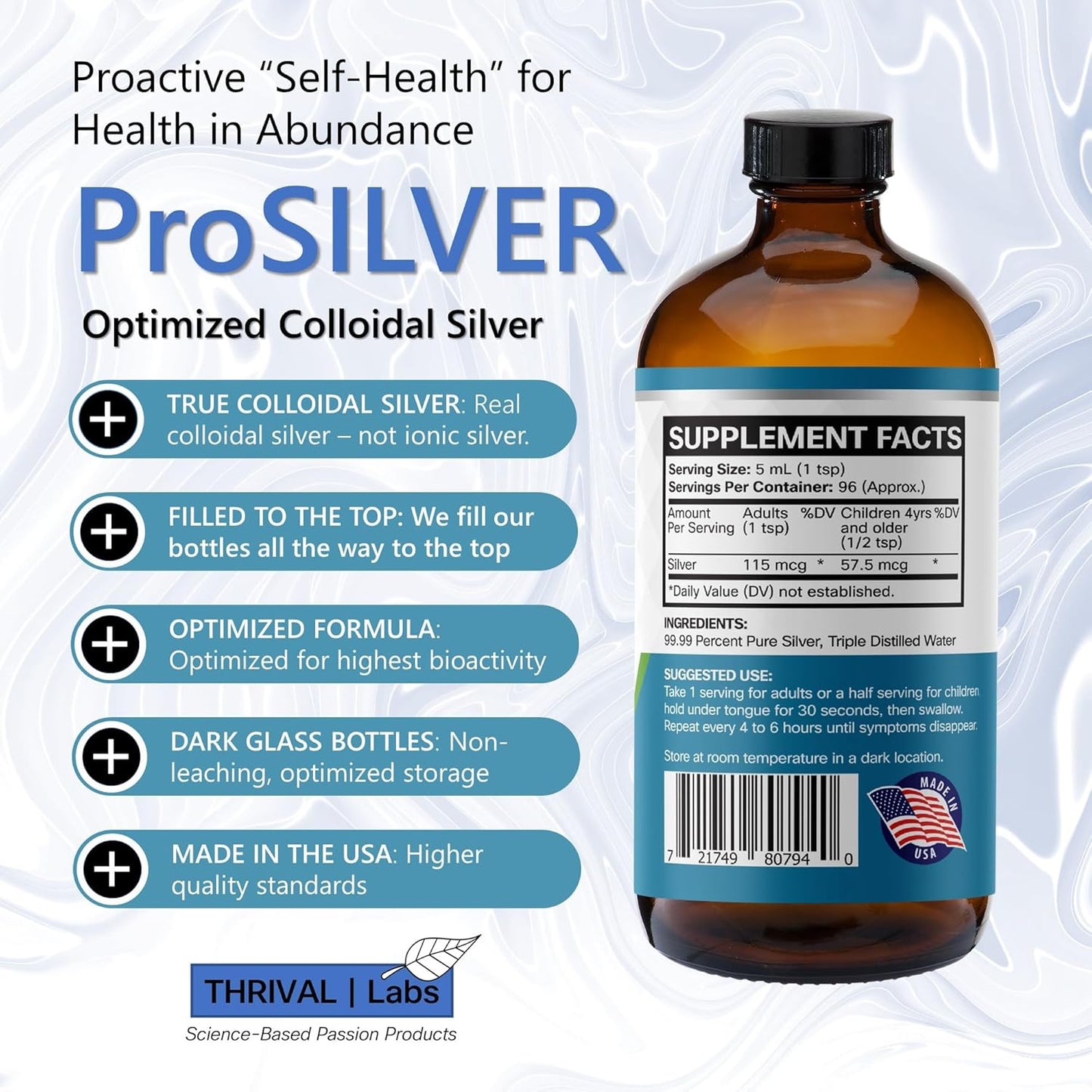 20 PPM ProSILVER Blue Label Colloidal Silver Liquid (16oz) - Immune Support, Nano-Sized Silver, Dark Glass Bottle by Thrival Labs