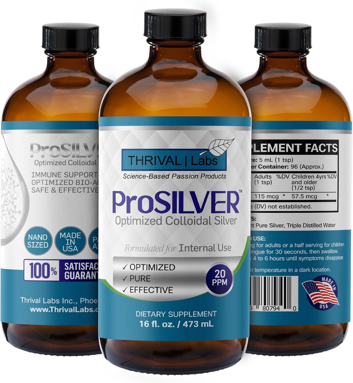 20 PPM ProSILVER Blue Label Colloidal Silver Liquid (16oz) - Immune Support, Nano-Sized Silver, Dark Glass Bottle by Thrival Labs