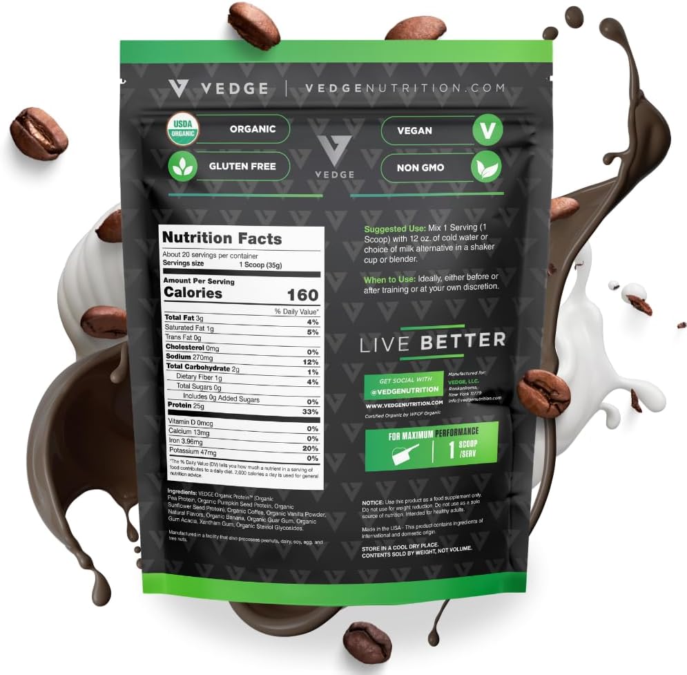 20 Servings of vedge Organic Plant Protein Cold Brew Latte - Vegan, USDA Certified, Gluten Free, Non Dairy Powder