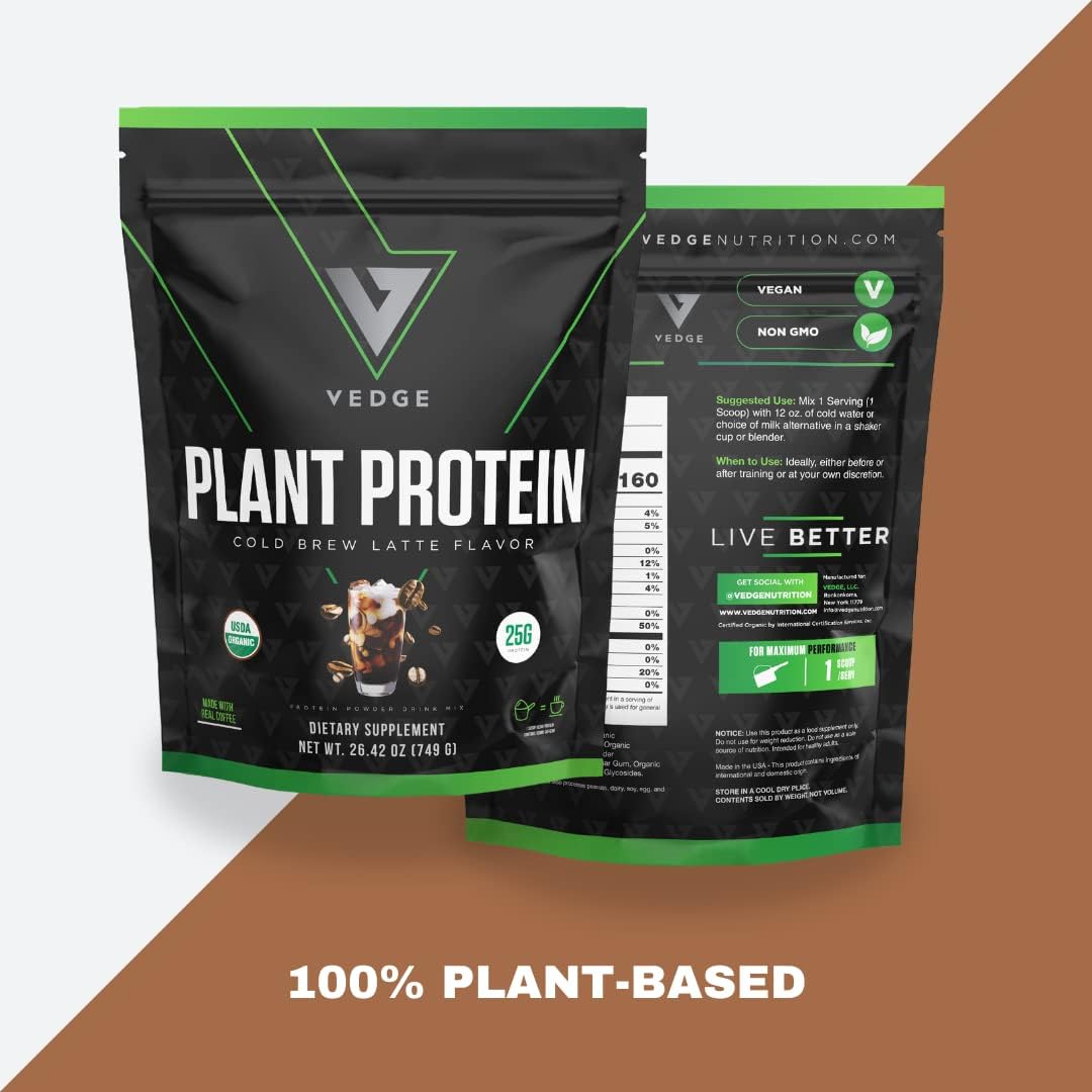 20 Servings of vedge Organic Plant Protein Cold Brew Latte - Vegan, USDA Certified, Gluten Free, Non Dairy Powder