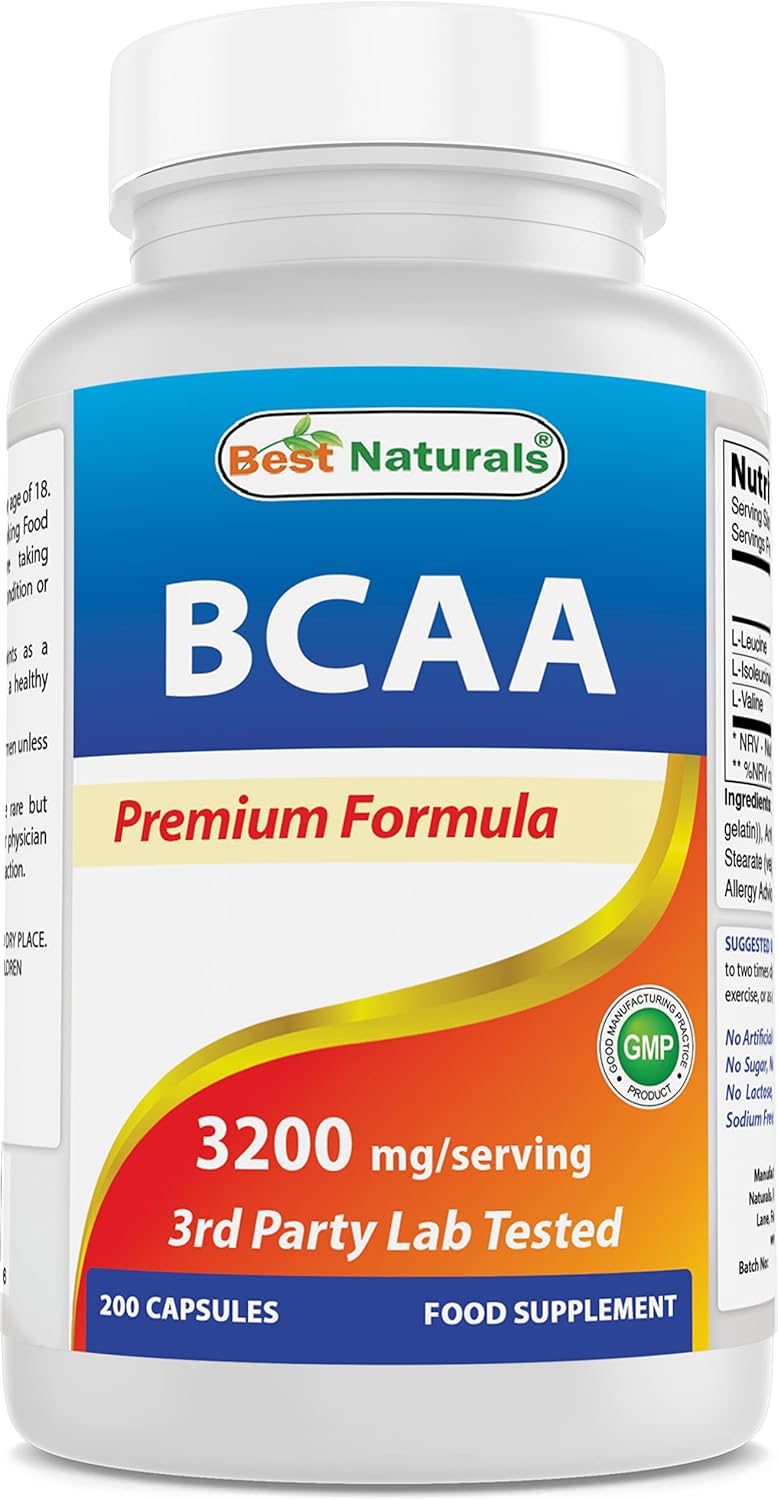 200 Capsules Best Naturals BCAA Branch Chain Amino Acid - Pharmaceutical Grade 3200mg - Pure Instantized Formula for Muscle Growth | Pre/Post Workout Supplement