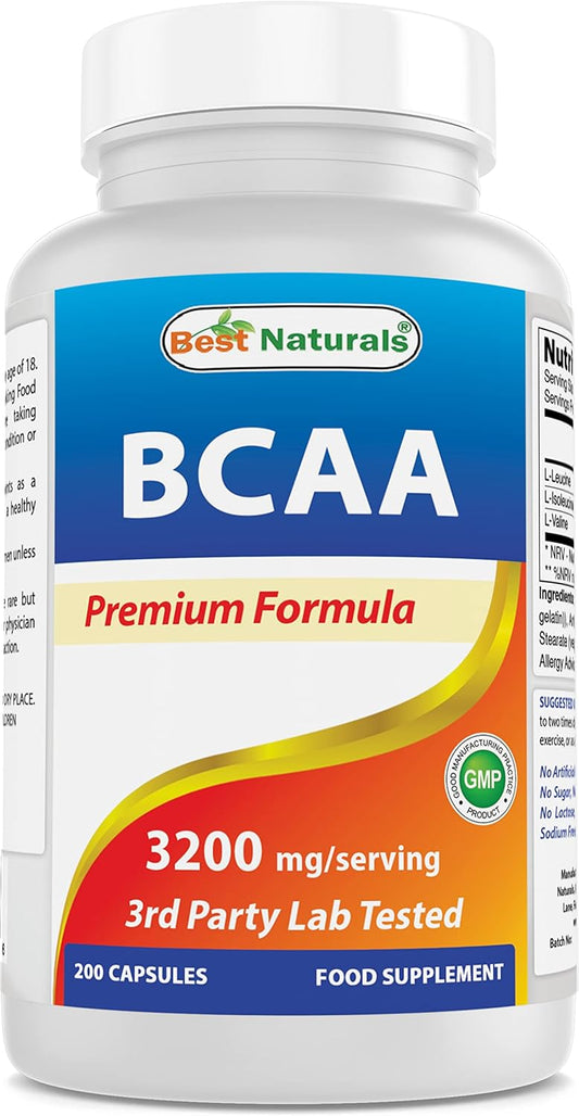 200 Capsules Best Naturals BCAA Branch Chain Amino Acid - Pharmaceutical Grade 3200mg - Pure Instantized Formula for Muscle Growth | Pre/Post Workout Supplement