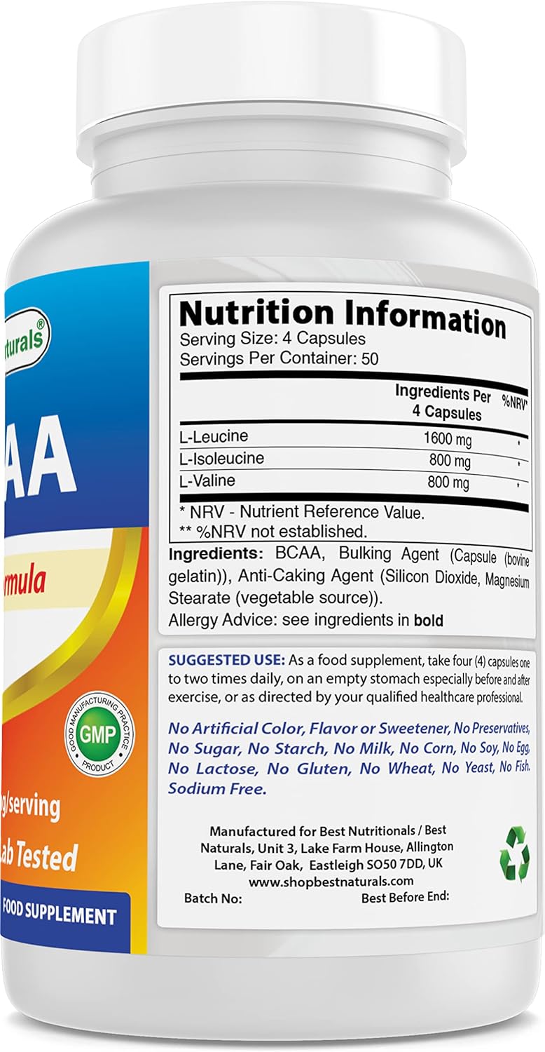 200 Capsules Best Naturals BCAA Branch Chain Amino Acid - Pharmaceutical Grade 3200mg - Pure Instantized Formula for Muscle Growth | Pre/Post Workout Supplement