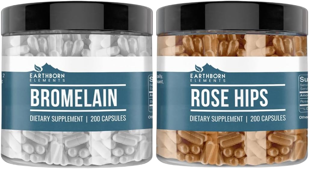 200 Capsules Each of Earthborn Elements Rose HIPS & Bromelain Capsules - Pure, Undiluted, No Additives