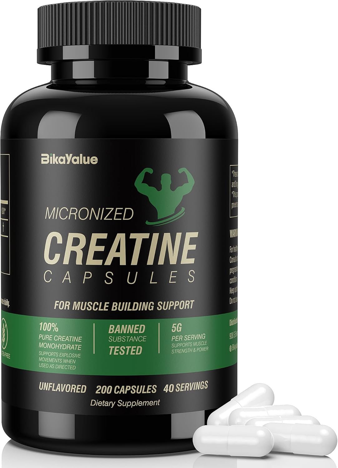 200 Capsules of BIKAYALUE Micronized Creatine Monohydrate for Muscle Strength, Energy, and Recovery - Gluten-Free Supplement for Men and Women