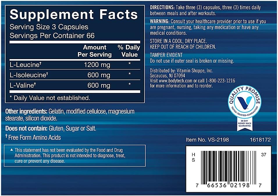 200 Capsules of BodyTech BCAA with 2:1:1 Ratio for Enhanced Performance