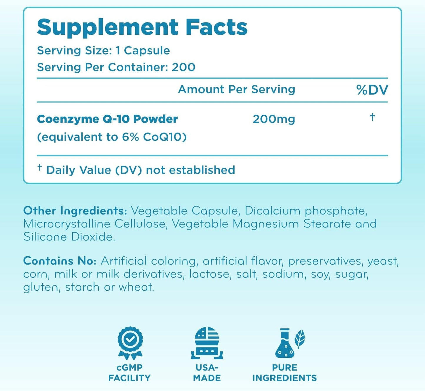 200 Capsules of Clear Formulas Pure CoQ10 200mg for Fast Absorption - Non-GMO Formula
