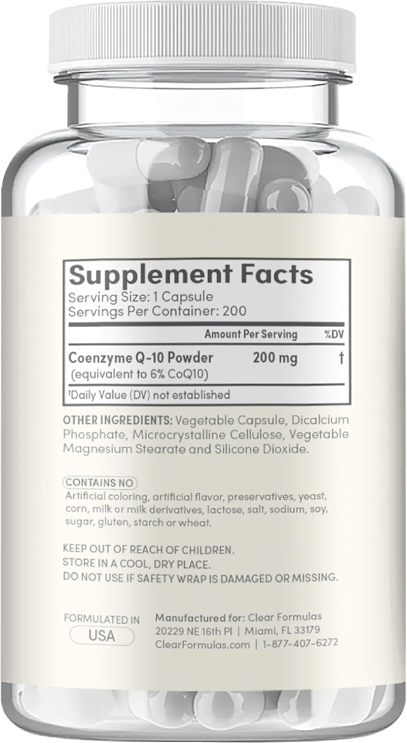 200 Capsules of Clear Formulas Pure CoQ10 200mg for Fast Absorption - Non-GMO Formula