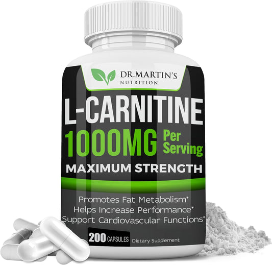 200 Capsules of Dr. Martin's Nutrition Extra Strength L-Carnitine - 1000mg Per Serving - Metabolism Booster & Performance Enhancer