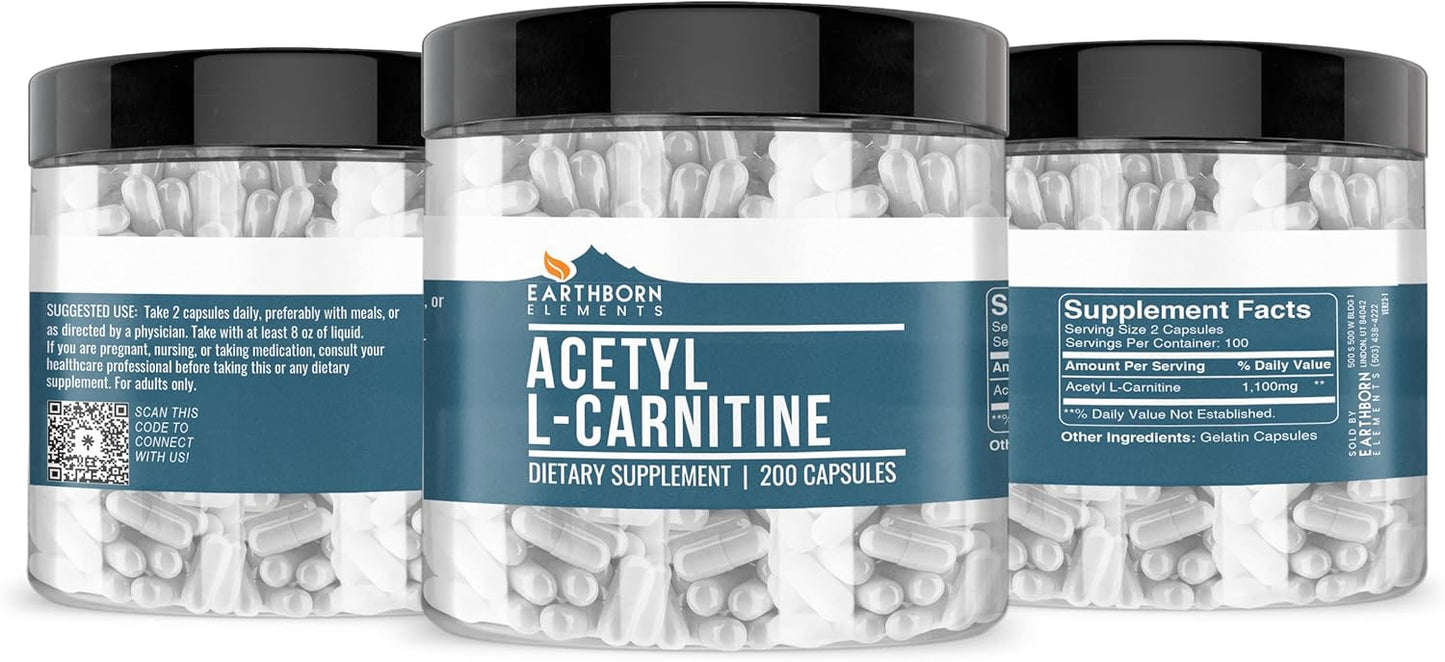 200 Capsules of Earthborn Elements Pure Acetyl L-Carnitine - No Additives