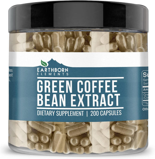 200 Capsules of Earthborn Elements Pure Green Coffee Bean Extract - No Additives, Undiluted