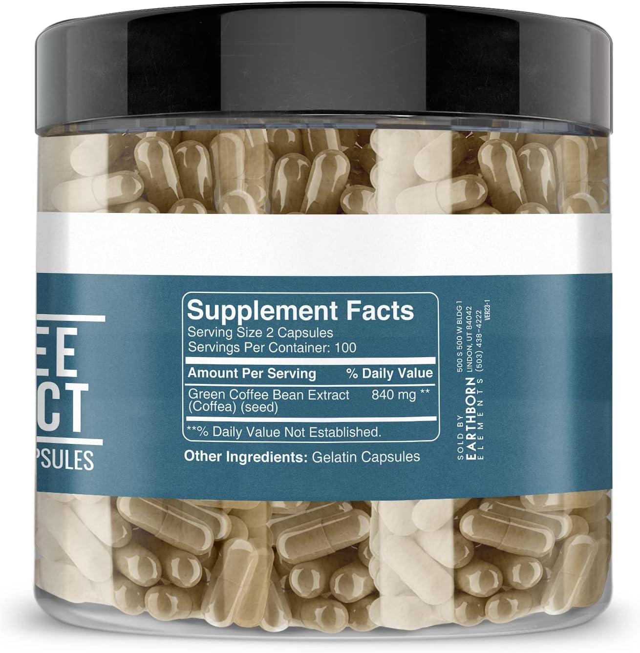 200 Capsules of Earthborn Elements Pure Green Coffee Bean Extract - No Additives, Undiluted