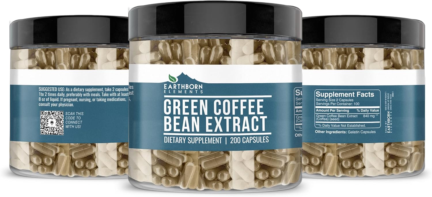 200 Capsules of Earthborn Elements Pure Green Coffee Bean Extract - No Additives, Undiluted