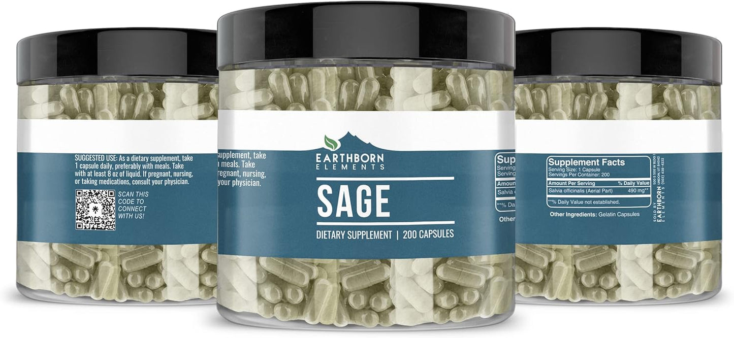200 Capsules of Earthborn Elements Pure Sage Extract - No Additives, Undiluted Quality