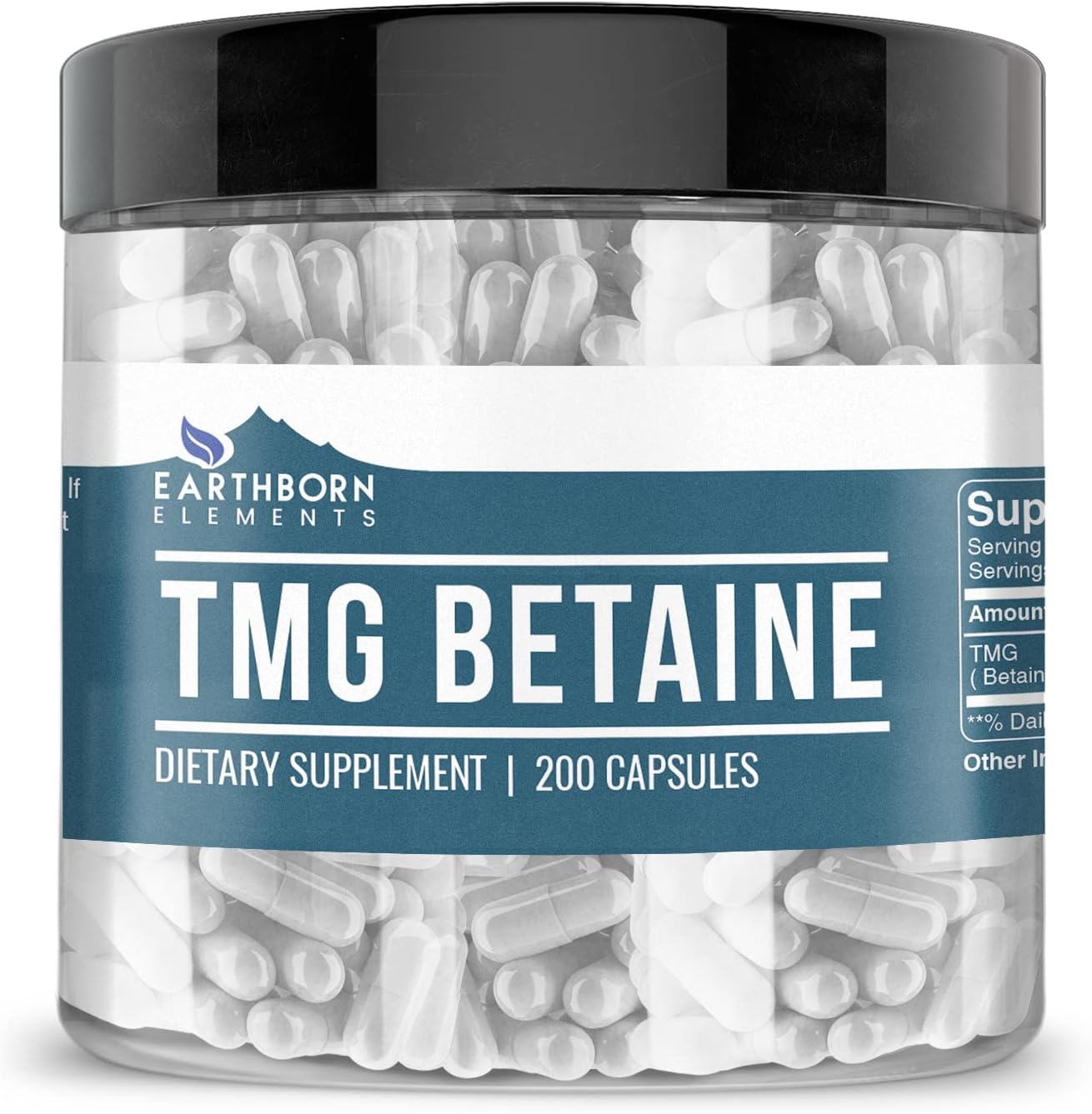 200 Capsules of Earthborn Elements TMG Betaine Anhydrous Trimethylglycine - Pure, Undiluted, Additive-Free