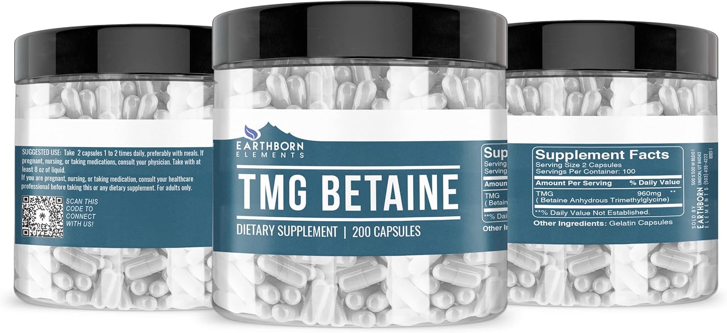 200 Capsules of Earthborn Elements TMG Betaine Anhydrous Trimethylglycine - Pure, Undiluted, Additive-Free