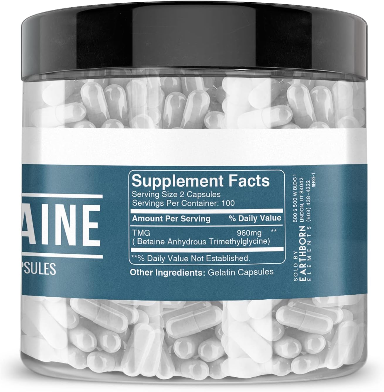 200 Capsules of Earthborn Elements TMG Betaine Anhydrous Trimethylglycine - Pure, Undiluted, Additive-Free