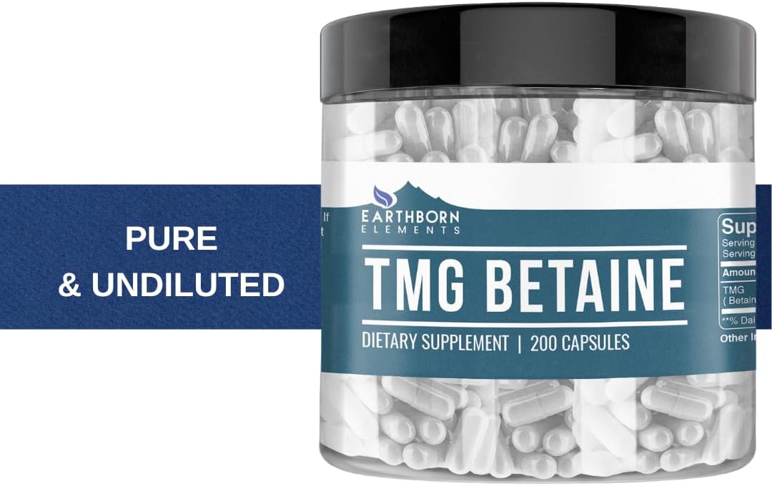 200 Capsules of Earthborn Elements TMG Betaine Anhydrous Trimethylglycine - Pure, Undiluted, Additive-Free
