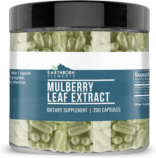 200 Capsules of Earthborn Elements White Mulberry Leaf Extract - Pure & Undiluted Formula with No Additives