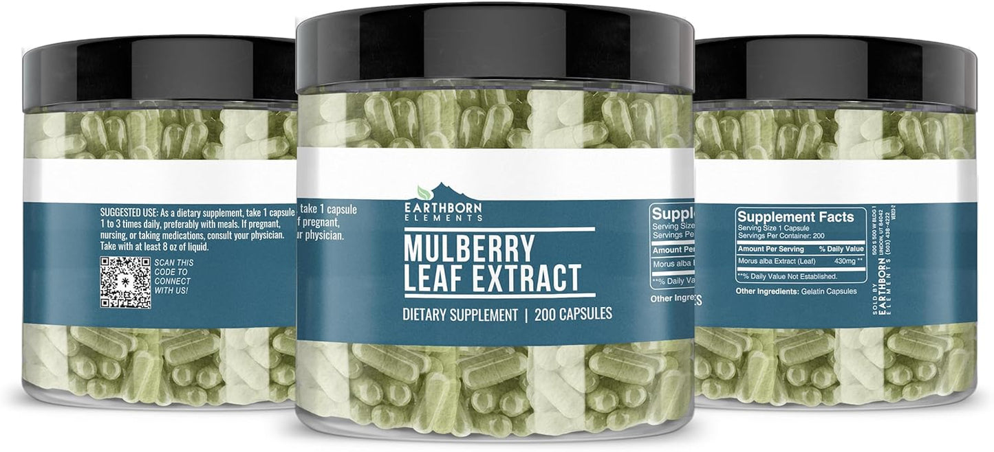200 Capsules of Earthborn Elements White Mulberry Leaf Extract - Pure & Undiluted Formula with No Additives