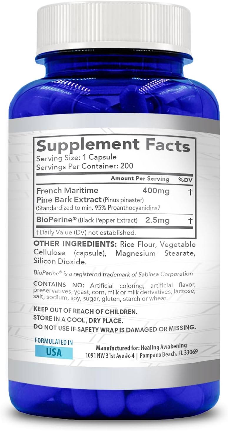 200 Capsules of Healing Awakening French Maritime Pine Bark Extract 400mg with Bioperine - Non-GMO Formula