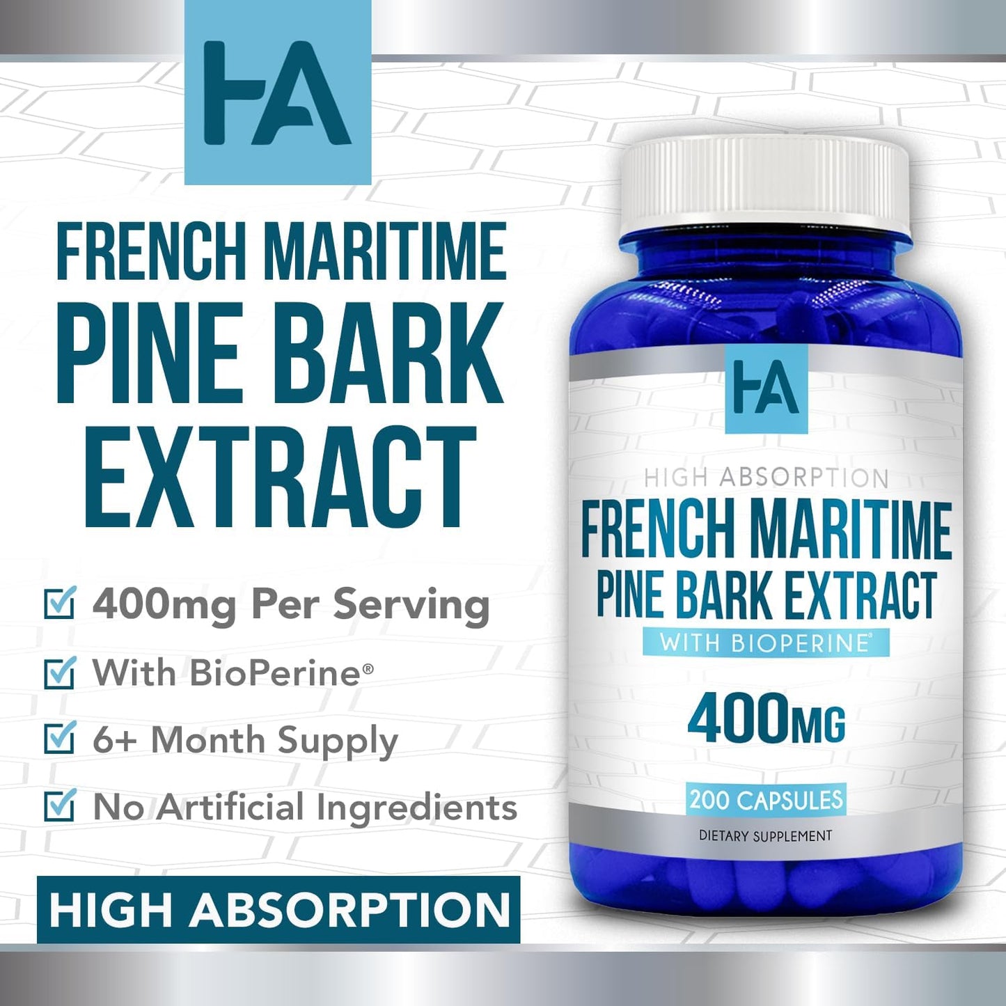200 Capsules of Healing Awakening French Maritime Pine Bark Extract 400mg with Bioperine - Non-GMO Formula
