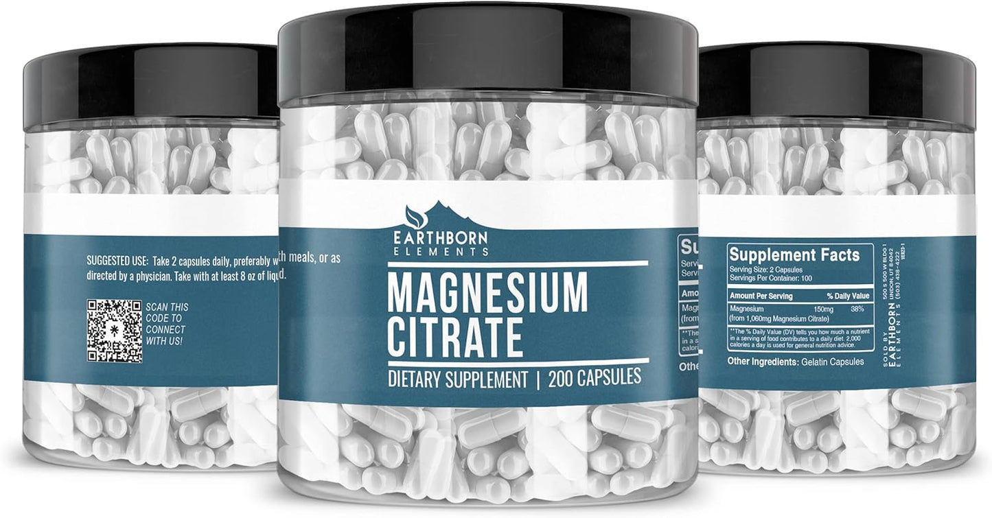 200 Capsules of Pure Earthborn Elements Magnesium Citrate Supplement, No Additives