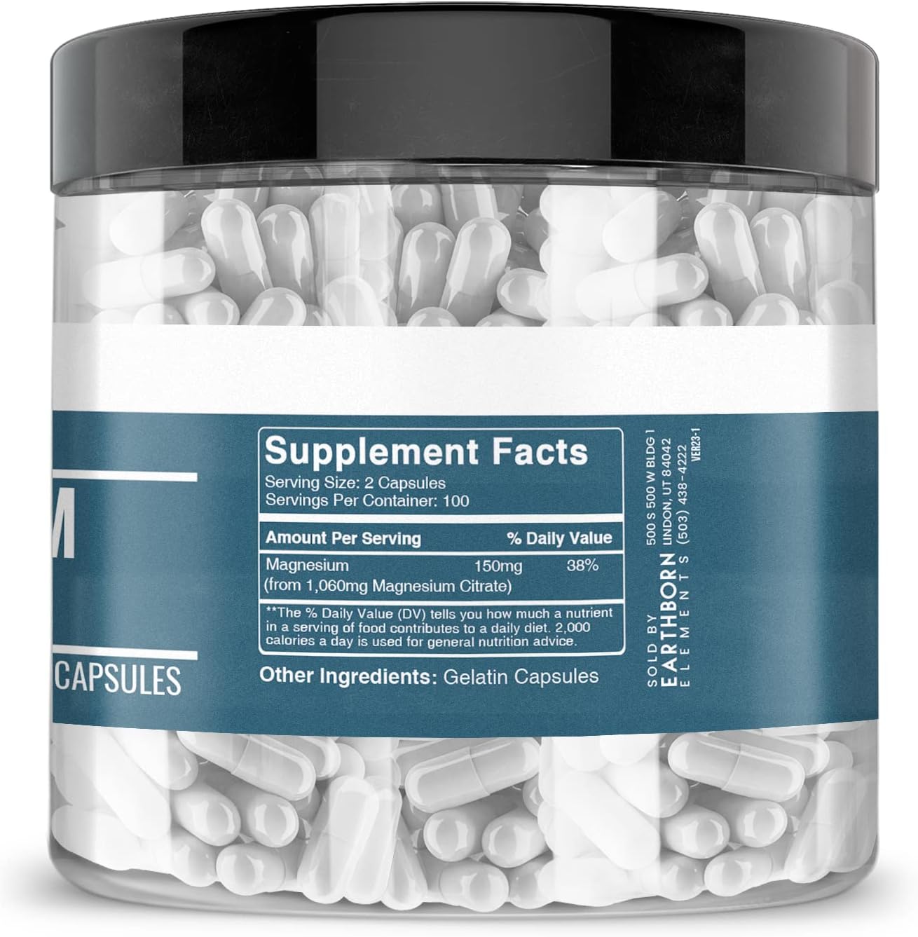 200 Capsules of Pure Earthborn Elements Magnesium Citrate Supplement, No Additives