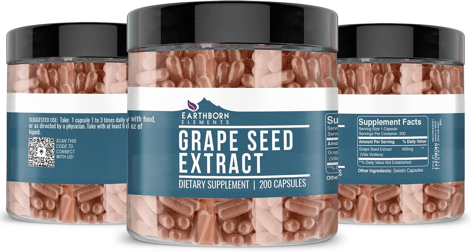 200 Capsules of Pure Grape Seed Extract by Earthborn Elements - No Additives, Undiluted Formula