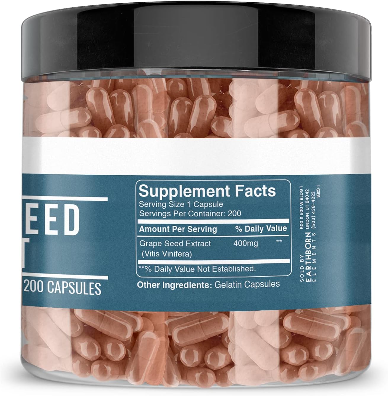 200 Capsules of Pure Grape Seed Extract by Earthborn Elements - No Additives, Undiluted Formula