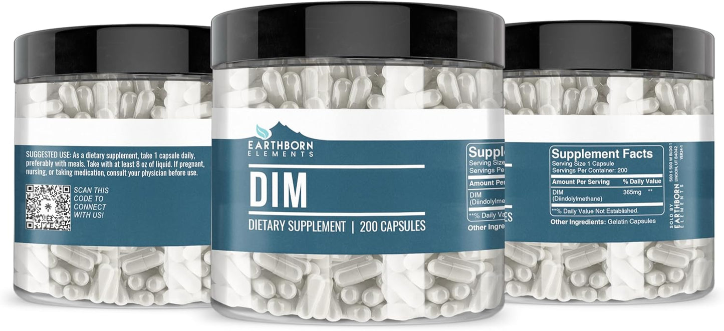 200 Capsules of Pure & Undiluted DIM (Diindolylmethane) by Earthborn Elements - Additive-Free Formula