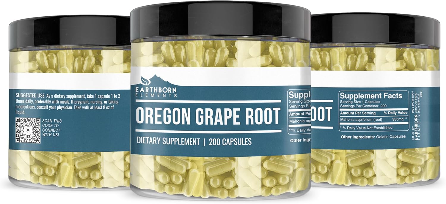 200 Capsules of Pure & Undiluted Oregon Grape Root by Earthborn Elements - No Additives Included