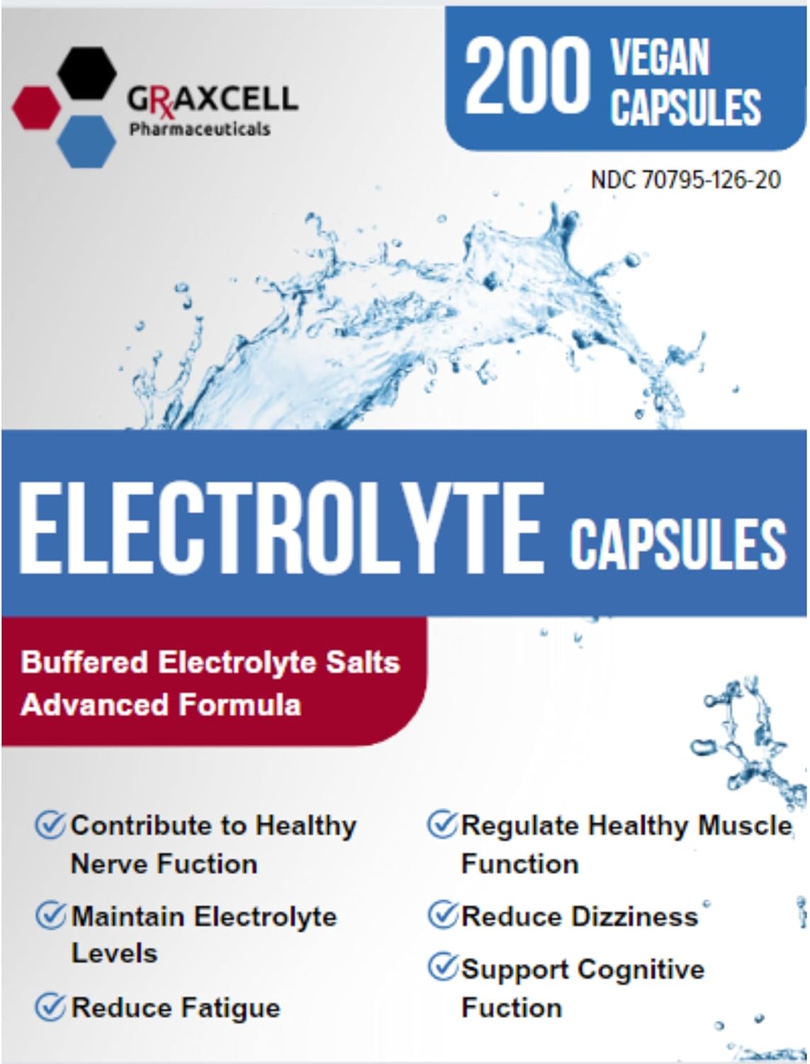 200 Count Bottle of Graxcell Electrolyte Capsules | 500mg Sodium, 100mg Potassium | Non-GMO Vegan Supplement for Hydration & Balance, Made in USA