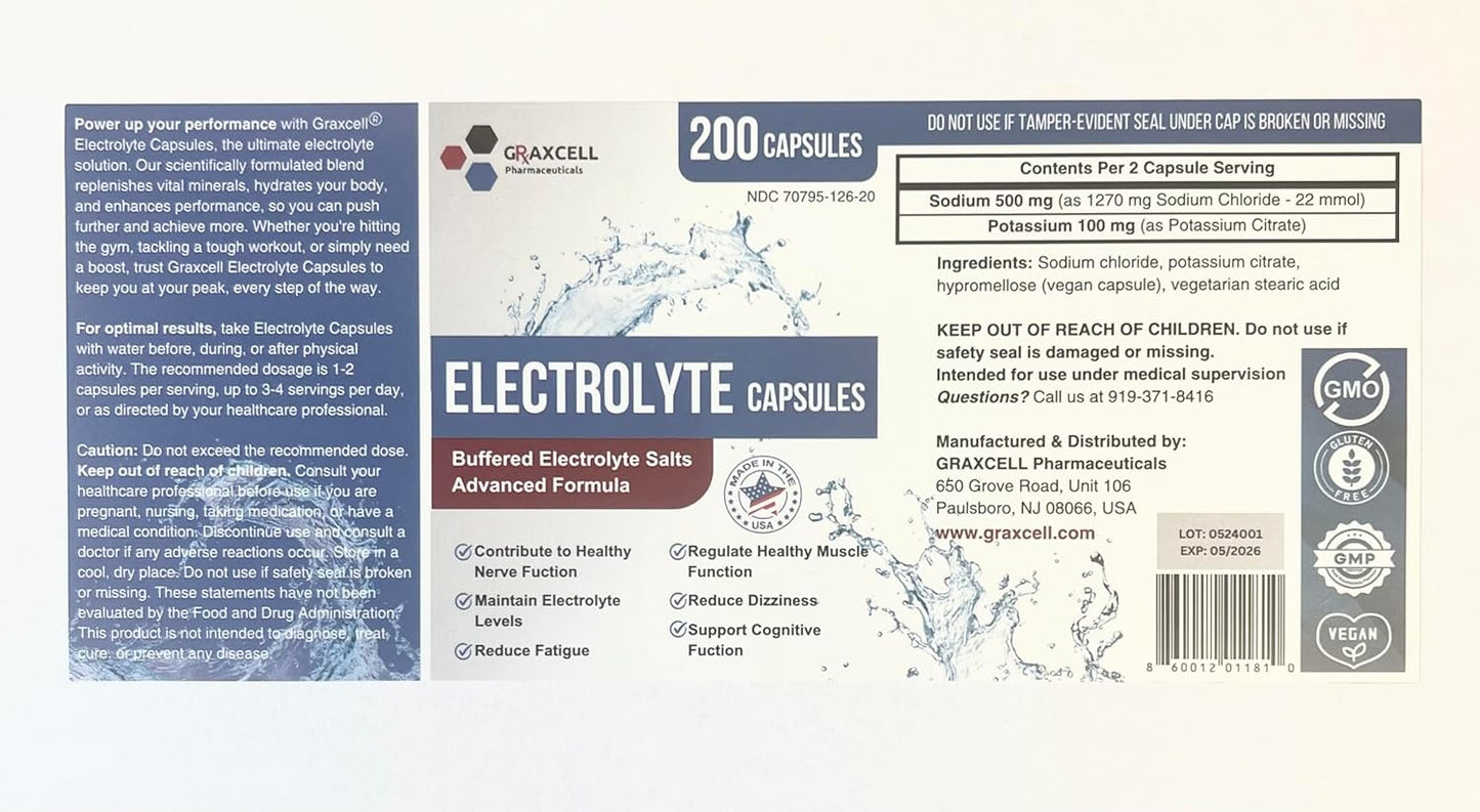 200 Count Bottle of Graxcell Electrolyte Capsules | 500mg Sodium, 100mg Potassium | Non-GMO Vegan Supplement for Hydration & Balance, Made in USA