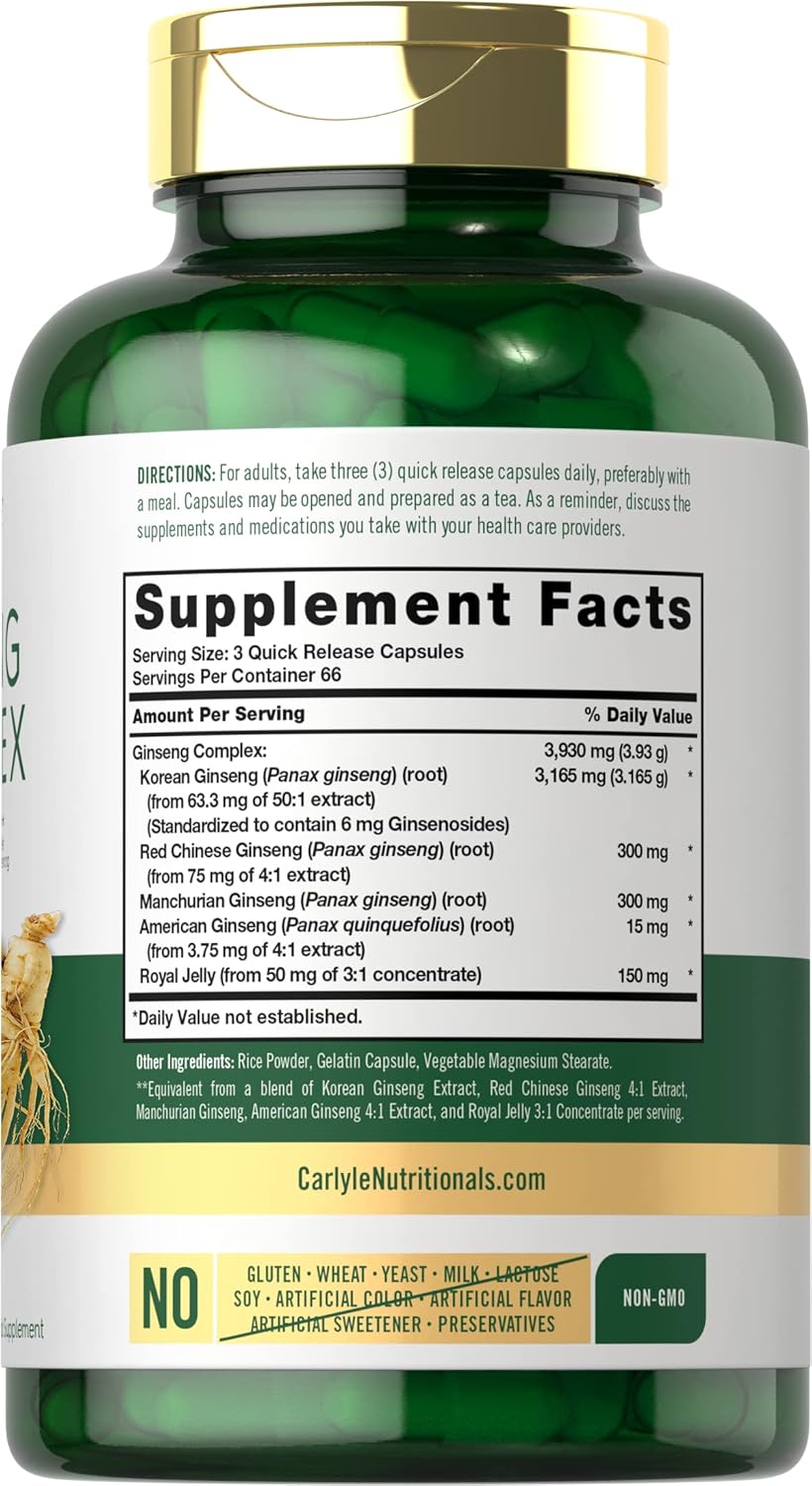 200 Count Carlyle Ginseng Complex Capsules | Non-GMO Gluten Free Extract Supplement