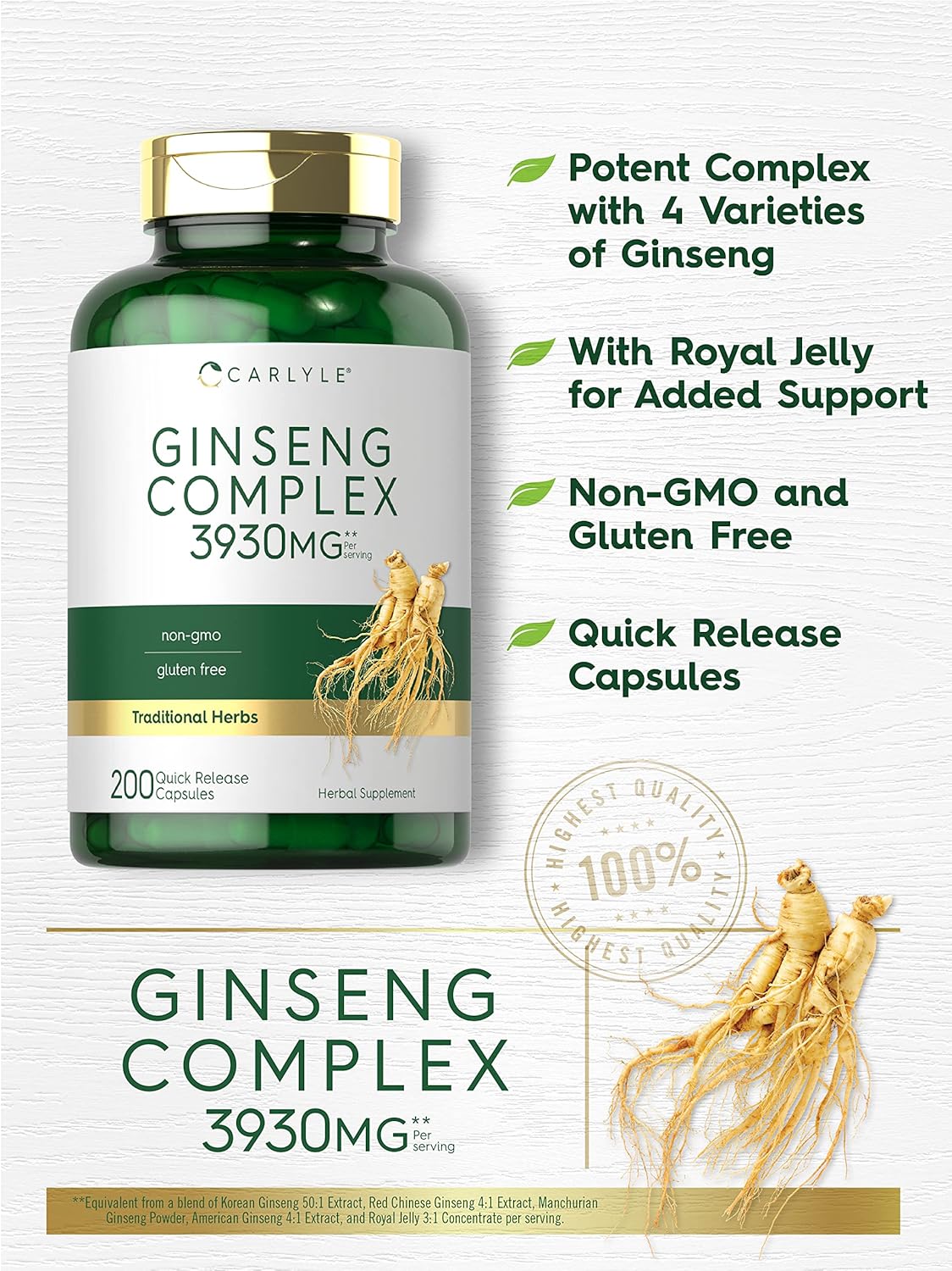 200 Count Carlyle Ginseng Complex Capsules | Non-GMO Gluten Free Extract Supplement