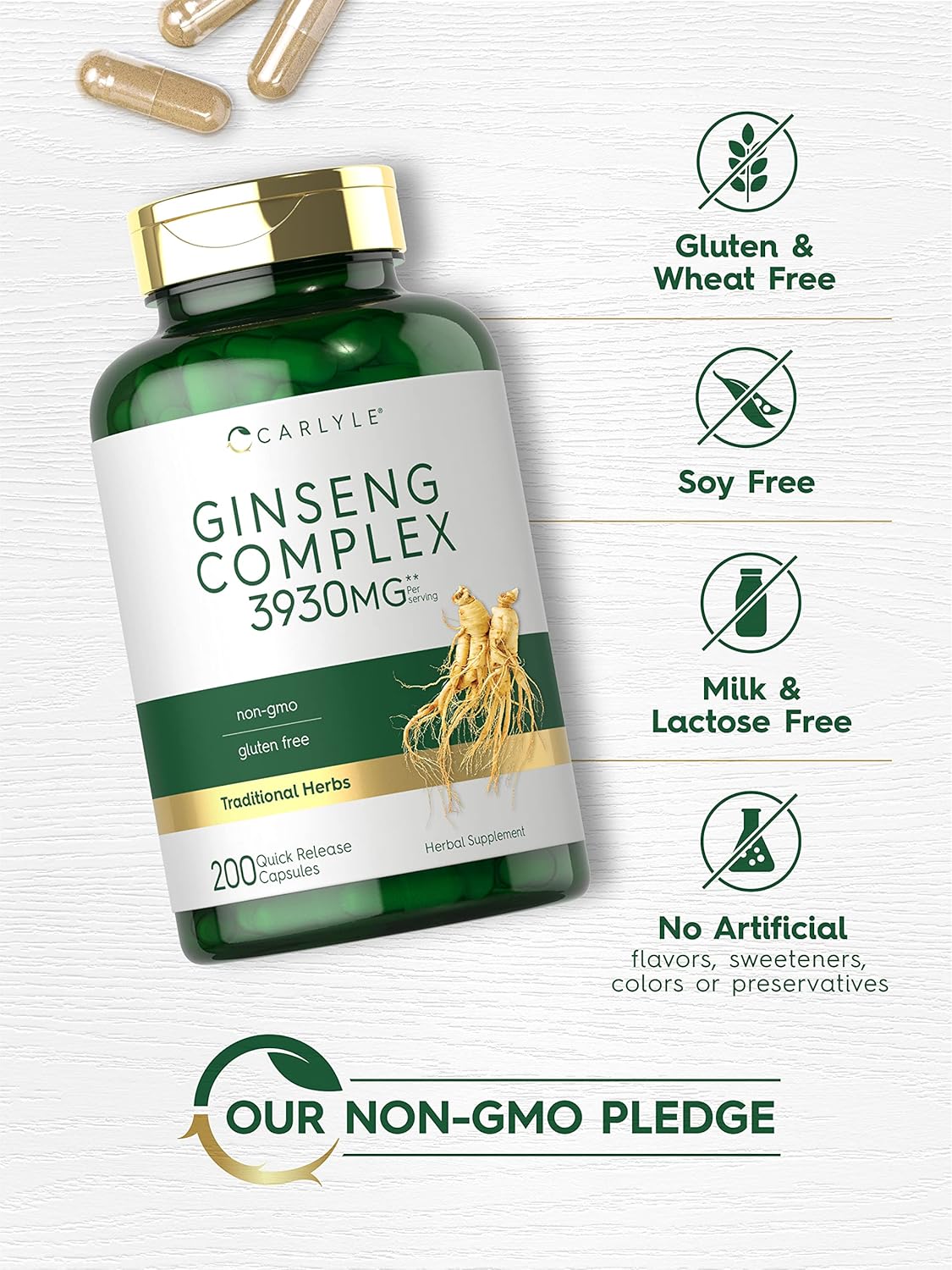 200 Count Carlyle Ginseng Complex Capsules | Non-GMO Gluten Free Extract Supplement