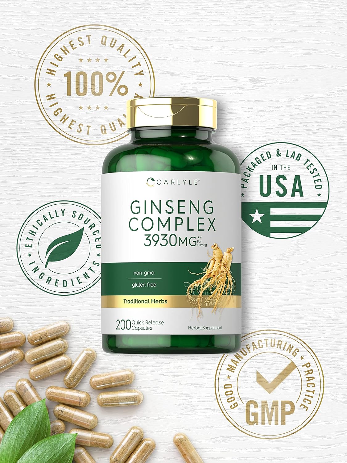 200 Count Carlyle Ginseng Complex Capsules | Non-GMO Gluten Free Extract Supplement