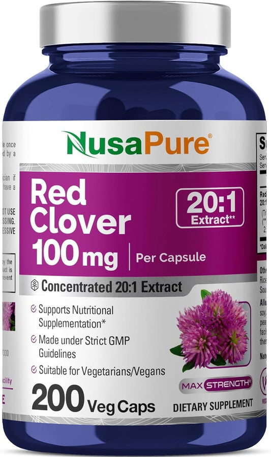 200 Count NusaPure Red Clover Capsules | 2000mg Veggie Caps | Trifolium Pratense Extract | Non-GMO Supplement