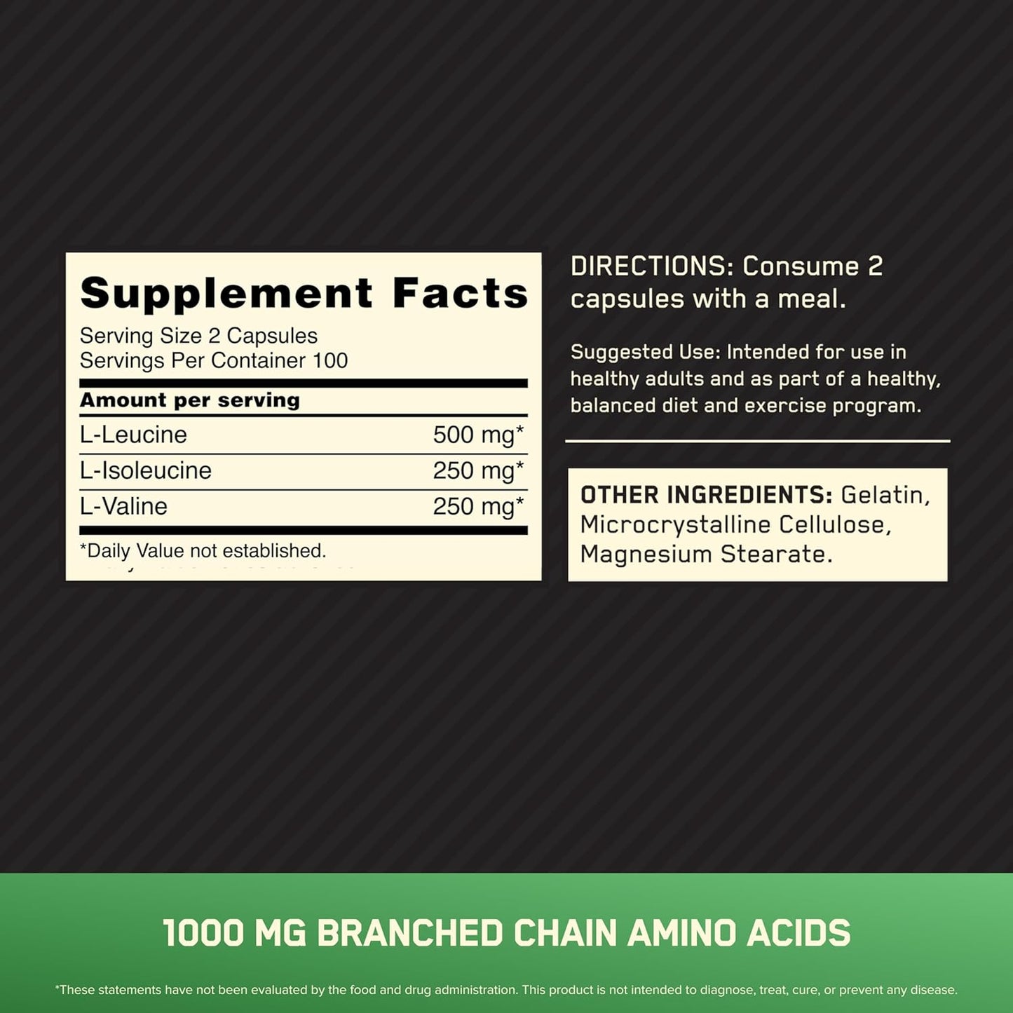 200 Count Optimum Nutrition BCAA Branched Chain Essential Amino Acids Capsules, 1000mg