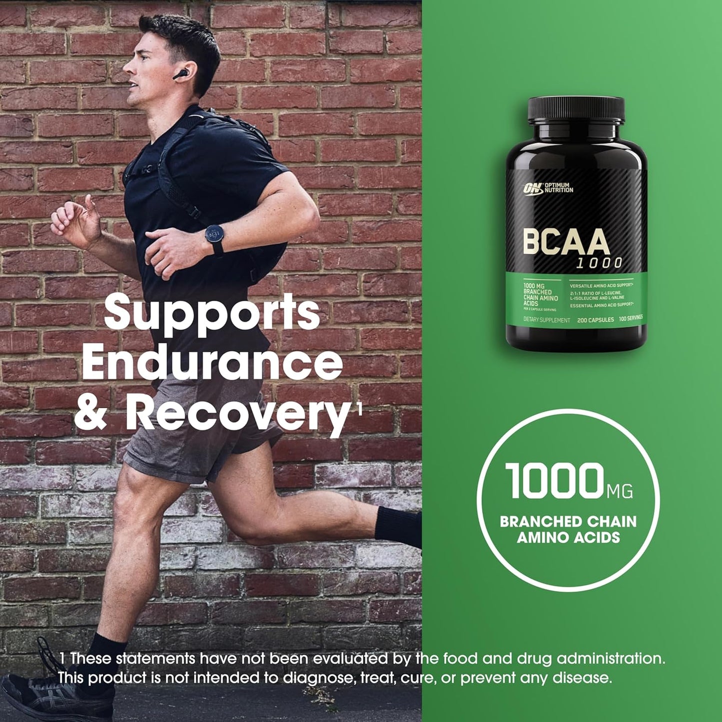 200 Count Optimum Nutrition BCAA Branched Chain Essential Amino Acids Capsules, 1000mg