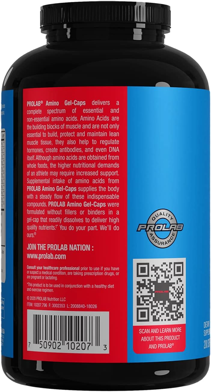 200-Count PROLAB Amino Acid Gel Capsules for Muscle Recovery and Performance Boost