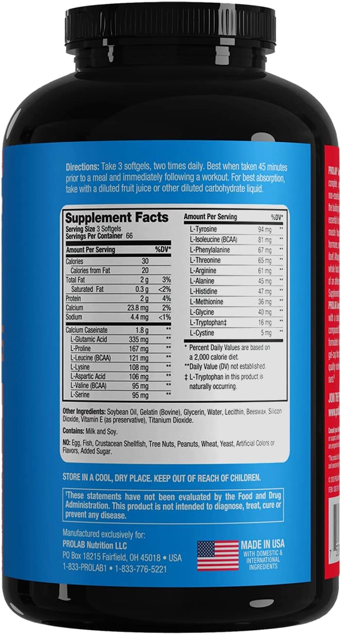 200-Count PROLAB Amino Acid Gel Capsules for Muscle Recovery and Performance Boost